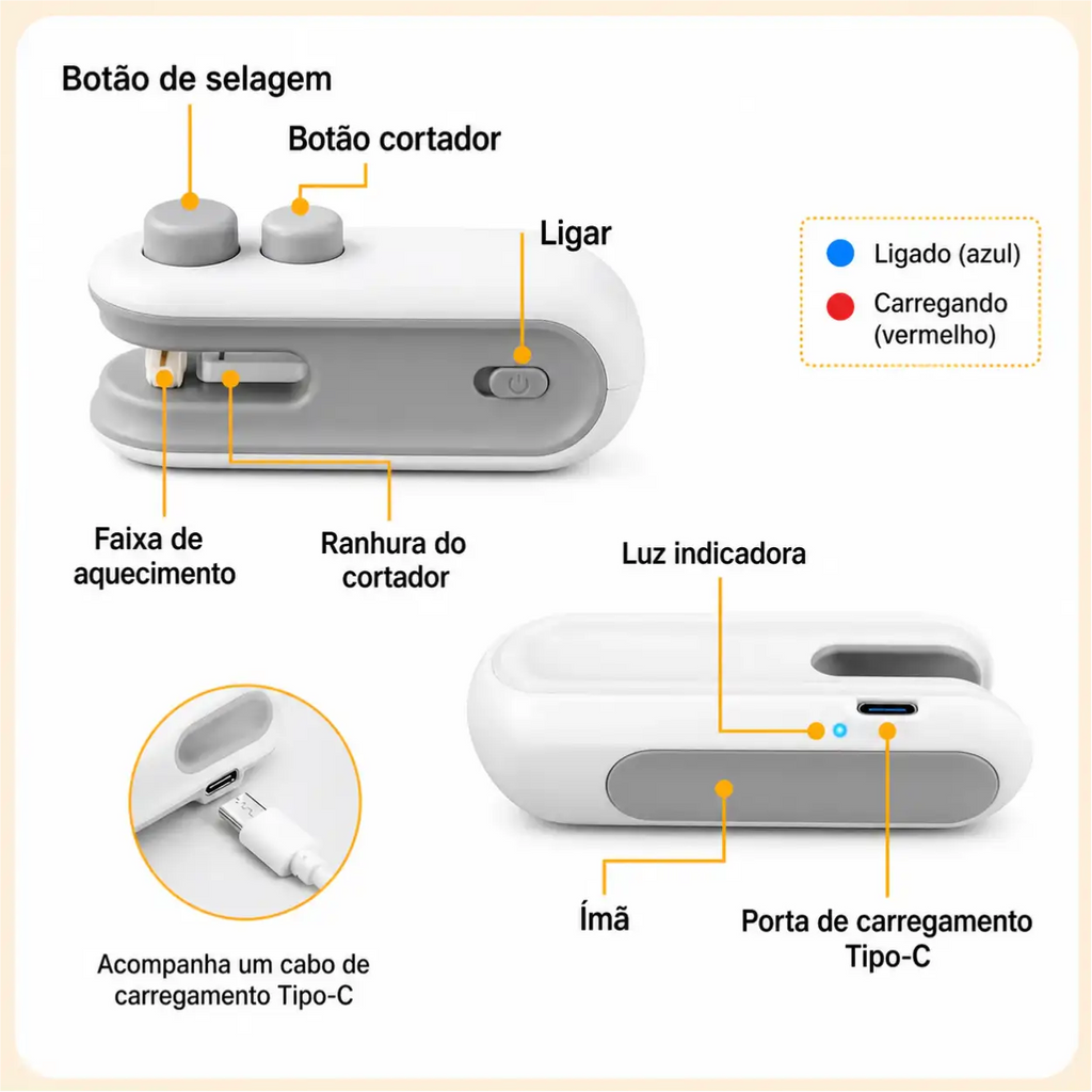 LACRE PRO™  Seladora e Cortadora de Embalagens USB 2 em 1