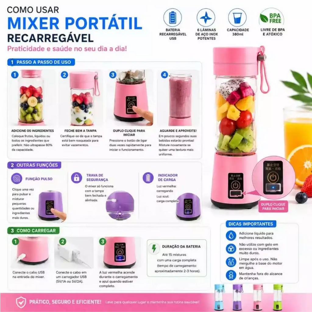 TurboMix Go – Mini Liquidificador Portátil USB
